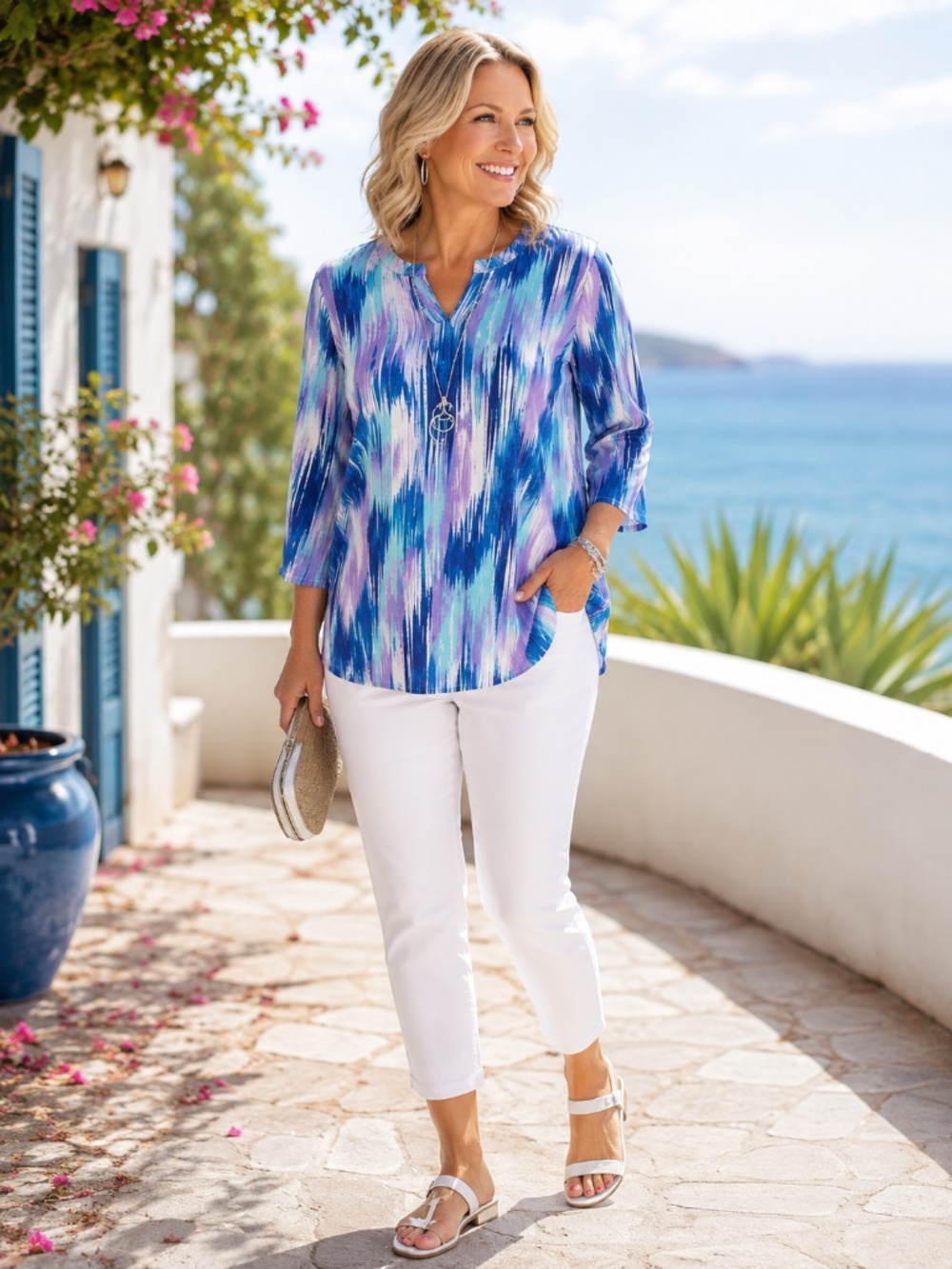 NWT FDJ Hidden Heart Ikat 3/4 Sleeve Top XXL Blue Aqua (2 available)